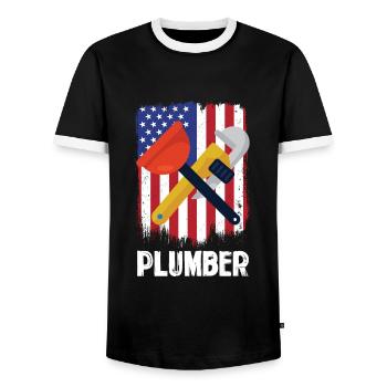Plumber tools in front of US flag - Men's Ringer Shirt - black/white - Front - AI Model Female 172 light (172cm) & AI Model Male 178 light (178cm)
