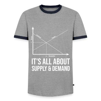 It's all about supply and demand - Men's Ringer Shirt - grey/navy  - Front - AI Model Female 172 light (172cm) & AI Model Male 178 light (178cm)
