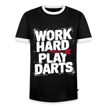Work Hard Play Darts Darts - Men's Ringer Shirt - black/white - Front - AI Model Female 172 light (172cm) & AI Model Male 178 light (178cm)