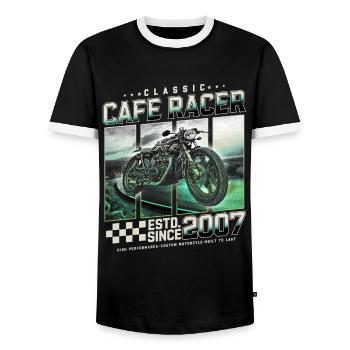 Cafe Racer built in 2007 - Men's Ringer Shirt - black/white - Front - AI Model Female 172 light (172cm) & AI Model Male 178 light (178cm)