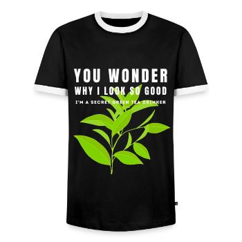 I'M A SECRET GREEN TEA DRINKER SENCHATEE TEE - Men's Ringer Shirt - black/white - Front - AI Model Female 172 light (172cm) & AI Model Male 178 light (178cm)