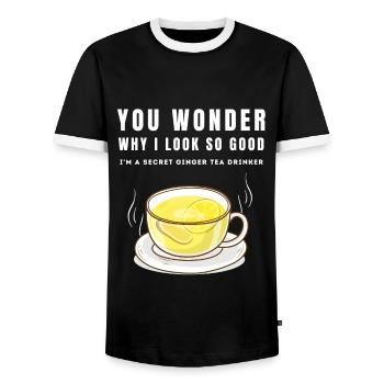 I'M A SECRET GINGER TEA DRINKER Ingwertee Ingwer - Men's Ringer Shirt - black/white - Front - AI Model Female 172 light (172cm) & AI Model Male 178 light (178cm)