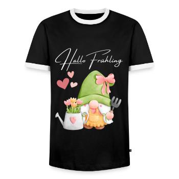 Gardener Gnome with Tulips - Hello Spring - Men's Ringer Shirt - black/white - Front - AI Model Female 172 light (172cm) & AI Model Male 178 light (178cm)
