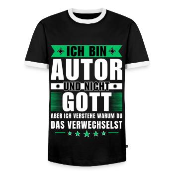 Ich bin Autor und nicht Gott - Männer Kontrast-T-Shirt - Schwarz/Weiß - Vorne - AI Model Female 172 light (172cm) & AI Model Male 178 light (178cm)