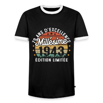 Cadeau d'anniversaire 79 Ans Millésime 1943 - T-shirt contrasté Homme - noir/blanc - Devant - AI Model Female 172 light (172cm) & AI Model Male 178 light (178cm)