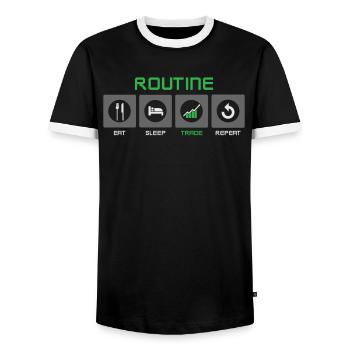 Eat sleep Trade repeat für Trader und Aktien Fans - Männer Kontrast-T-Shirt - Schwarz/Weiß - Vorne - AI Model Female 172 light (172cm) & AI Model Male 178 light (178cm)