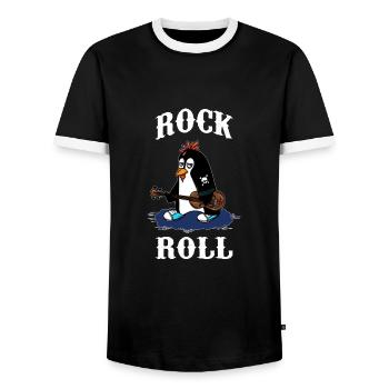 RocknRoll Rocker Tattoo Penguin musician - Men's Ringer Shirt - black/white - Front - AI Model Female 172 light (172cm) & AI Model Male 178 light (178cm)