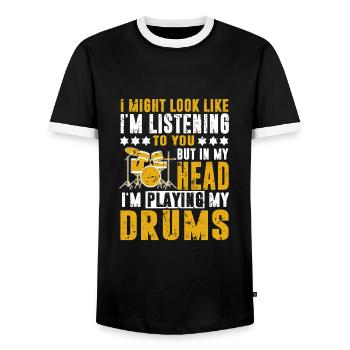 Batterie Batterie Batterie Batteur Percussion Rocknroll - T-shirt contrasté Homme - noir/blanc - Devant - AI Model Female 172 light (172cm) & AI Model Male 178 light (178cm)