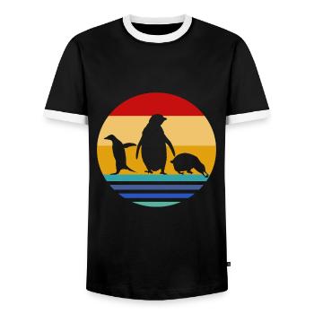 Penguin retro 70s animals animal lover animal - Men's Ringer Shirt - black/white - Front - AI Model Female 172 light (172cm) & AI Model Male 178 light (178cm)