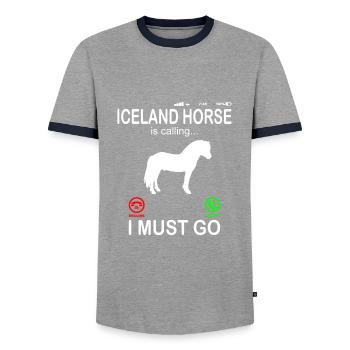 Cheval islandais appelle un téléphone drôle en disant - T-shirt contrasté Homme - gris/marine  - Devant - AI Model Female 172 light (172cm) & AI Model Male 178 light (178cm)