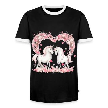 Niedlilches Einhorn Paar mit Blumenherz - Männer Kontrast-T-Shirt - Schwarz/Weiß - Vorne - AI Model Female 172 light (172cm) & AI Model Male 178 light (178cm)