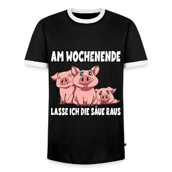 Am Wochenende lasse ich die Sau raus - Männer Kontrast-T-Shirt - Schwarz/Weiß - Vorne - AI Model Female 172 light (172cm) & AI Model Male 178 light (178cm)