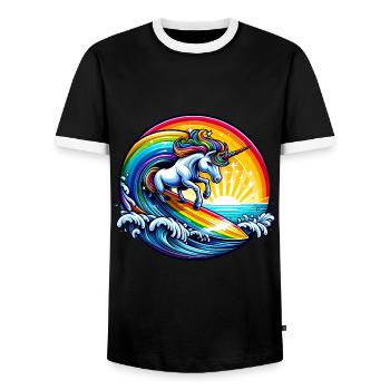 Surfendes Einhorn auf Regenbogenwelle - Männer Kontrast-T-Shirt - Schwarz/Weiß - Vorne - AI Model Female 172 light (172cm) & AI Model Male 178 light (178cm)
