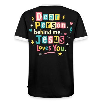 Jesus loves you positive message - Men's Ringer Shirt - black/white - Back - AI Model Male 178 light (178cm)