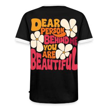 Chère personne derrière moi. Tu es belle (rose 1) - T-shirt contrasté Homme - noir/blanc - Dos - AI Model Male 178 light (178cm)