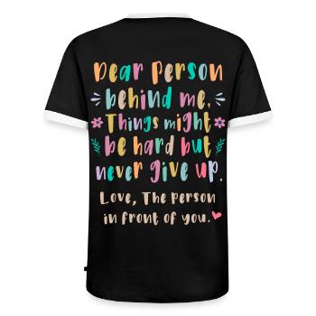 Chère personne derrière moi: Cela pourrait être difficile - T-shirt contrasté Homme - noir/blanc - Dos - AI Model Male 178 light (178cm)
