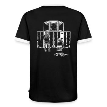 Support Free Tekno Soundsystem - Männer Kontrast-T-Shirt - Schwarz/Weiß - Hinten - AI Model Male 178 light (178cm)