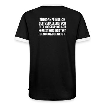 Einhornfeindlich - Männer Kontrast-T-Shirt - Schwarz/Weiß - Hinten - AI Model Male 178 light (178cm)
