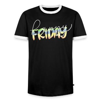 Happy Friday Lettering Finally Weekend Freetime - Men's Ringer Shirt - black/white - Front - AI Model Female 172 light (172cm) & AI Model Male 178 light (178cm)