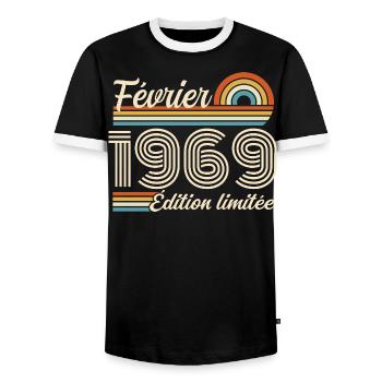 Born in February 1969 | 57th Anniversary - Men's Ringer Shirt - black/white - Front - AI Model Female 172 light (172cm) & AI Model Male 178 light (178cm)