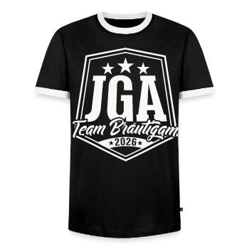 Bachelor Party 2026 Team Groom Bachelor Party - Men's Ringer Shirt - black/white - Front - AI Model Female 172 light (172cm) & AI Model Male 178 light (178cm)