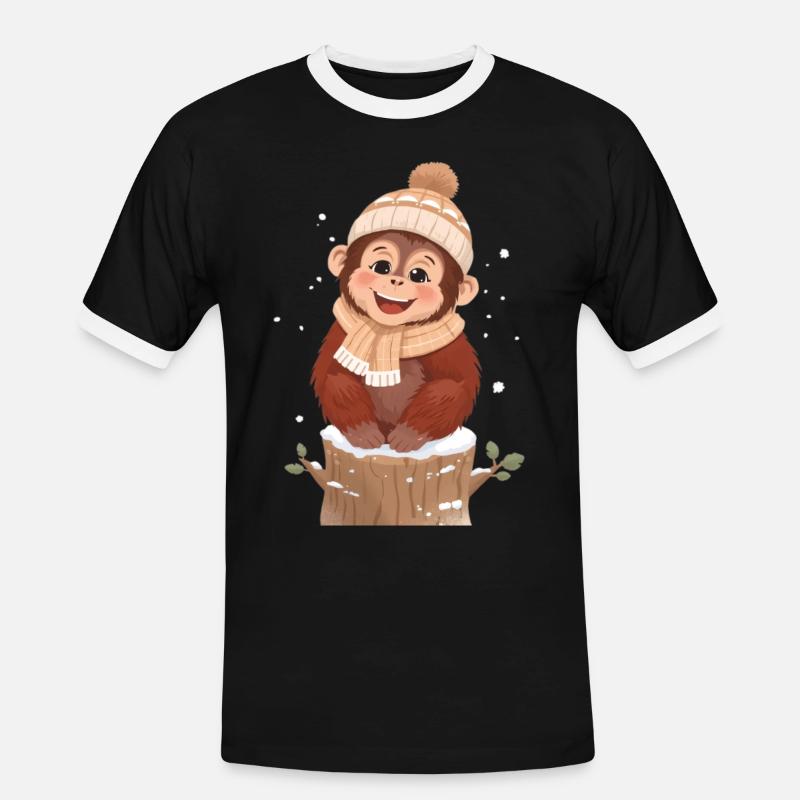 Winter monkey on tree stump - Men's Ringer Shirt - black/white