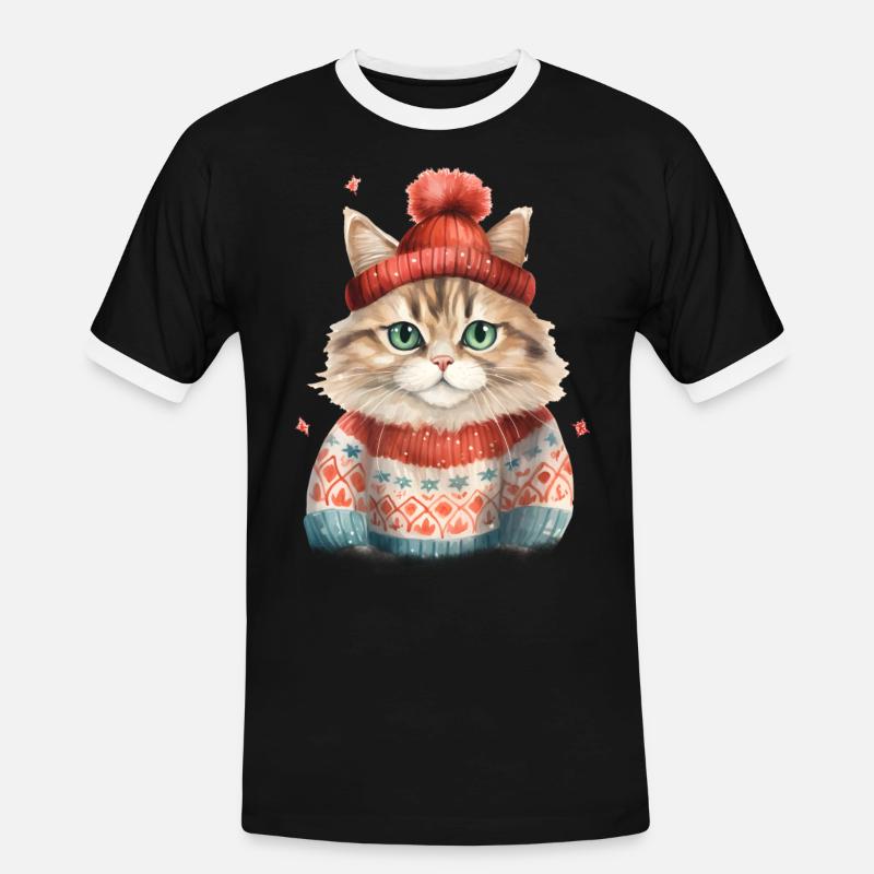 Winterkatze im Strickpullover - Männer Kontrast-T-Shirt - Schwarz/Weiß