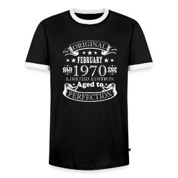 February 1970 55th Birthday Gift February 1970 - Men's Ringer Shirt - black/white - Front - AI Model Female 172 light (172cm) & AI Model Male 178 light (178cm)