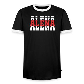 Alena t-shirt stacked text gift idea t-shirt - Men's Ringer Shirt - black/white - Front - AI Model Female 172 light (172cm) & AI Model Male 178 light (178cm)