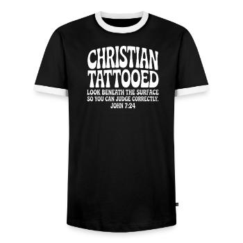 Christian Tattooed Look Beneath Surface - Men's Ringer Shirt - black/white - Front - AI Model Female 172 light (172cm) & AI Model Male 178 light (178cm)