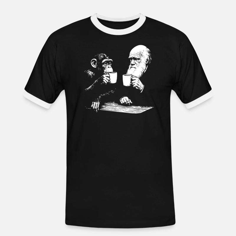 Darwin and monkey drinking Coffee - Men's Ringer Shirt - black/white