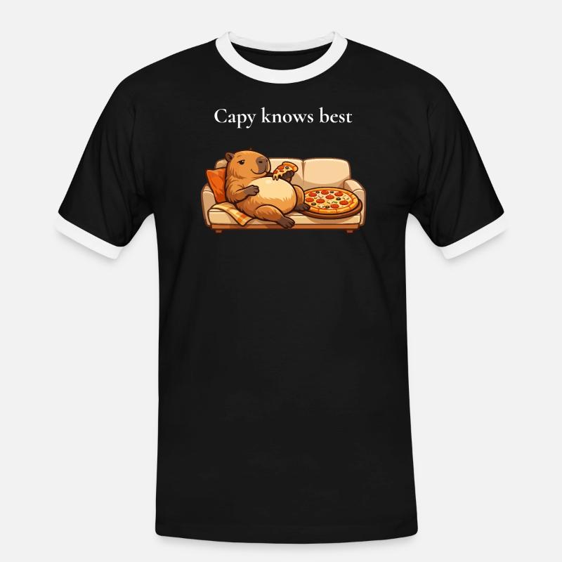 Capybara with pizza on sofa - Men's Ringer Shirt - black/white