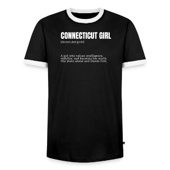 Connecticut Girl: Smart & Worthy - Men's Ringer Shirt - black/white - Front - AI Model Female 172 light (172cm) & AI Model Male 178 light (178cm)