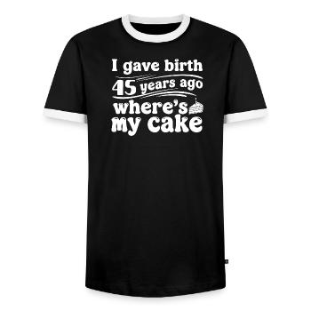 Birthday 45 years ago – cake? - Men's Ringer Shirt - black/white - Front - AI Model Female 172 light (172cm) & AI Model Male 178 light (178cm)