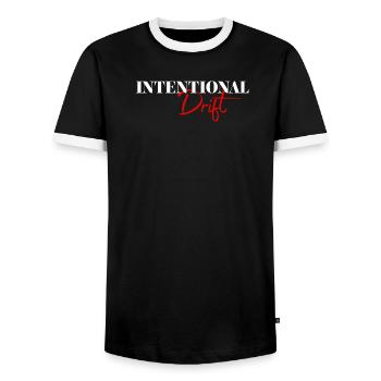 Intentional Drift Minimal Typography Design - Men's Ringer Shirt - black/white - Front - AI Model Female 172 light (172cm) & AI Model Male 178 light (178cm)
