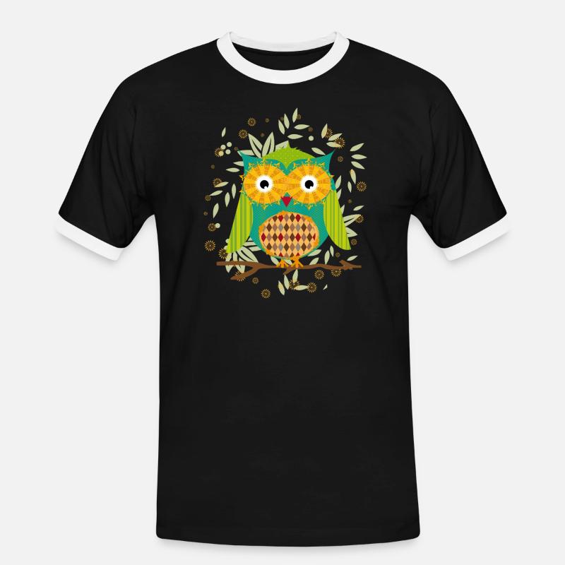 kunstvoll gestaltete Eule mit Patchwork-Muster - Männer Kontrast-T-Shirt - Schwarz/Weiß