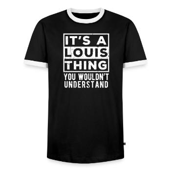Das ist eine Louis-Sache, die du nicht verstehen würdest - Männer Kontrast-T-Shirt - Schwarz/Weiß - Vorne - AI Model Female 172 light (172cm) & AI Model Male 178 light (178cm)