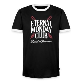 Eternal Monday Club: Paperwork - Men's Ringer Shirt - black/white - Front - AI Model Female 172 light (172cm) & AI Model Male 178 light (178cm)