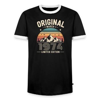 Vintage Born in March 1974 Original 52 years ago - Men's Ringer Shirt - black/white - Front - AI Model Female 172 light (172cm) & AI Model Male 178 light (178cm)