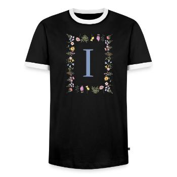 Monogramme floral floral initial en « I » - T-shirt contrasté Homme - noir/blanc - Devant - AI Model Female 172 light (172cm) & AI Model Male 178 light (178cm)