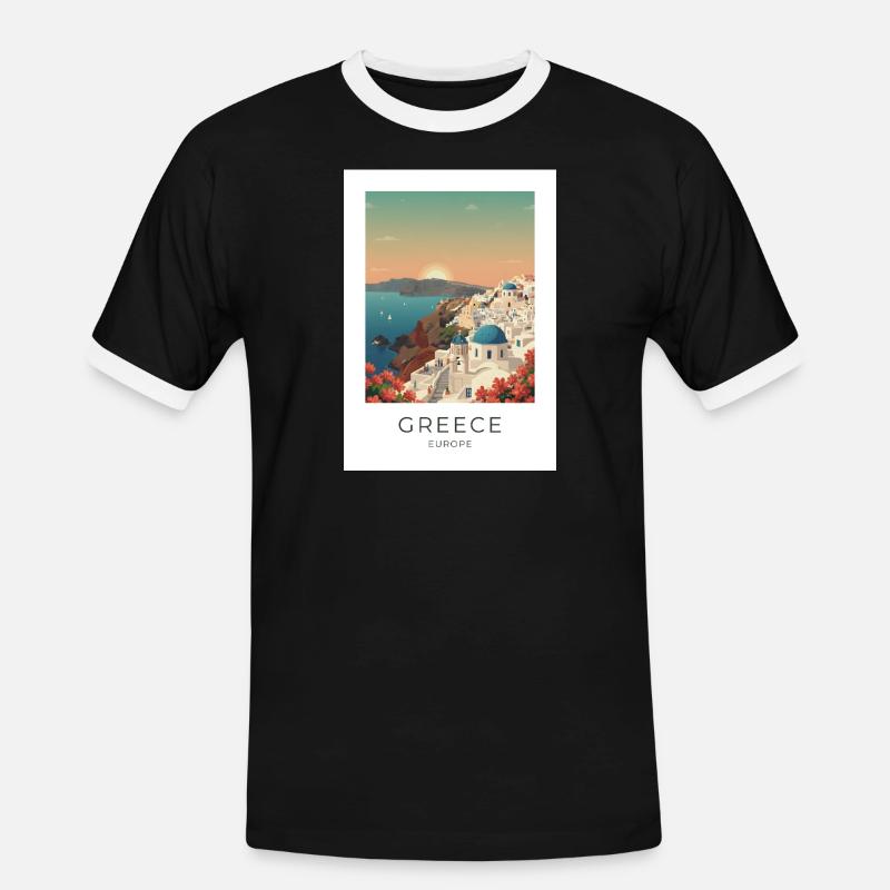 Santorini Sunset Coastal View - Men's Ringer Shirt - black/white