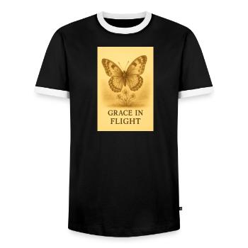 Grâce en Vol Papillon Fleur - T-shirt contrasté Homme - noir/blanc - Devant - AI Model Female 172 light (172cm) & AI Model Male 178 light (178cm)