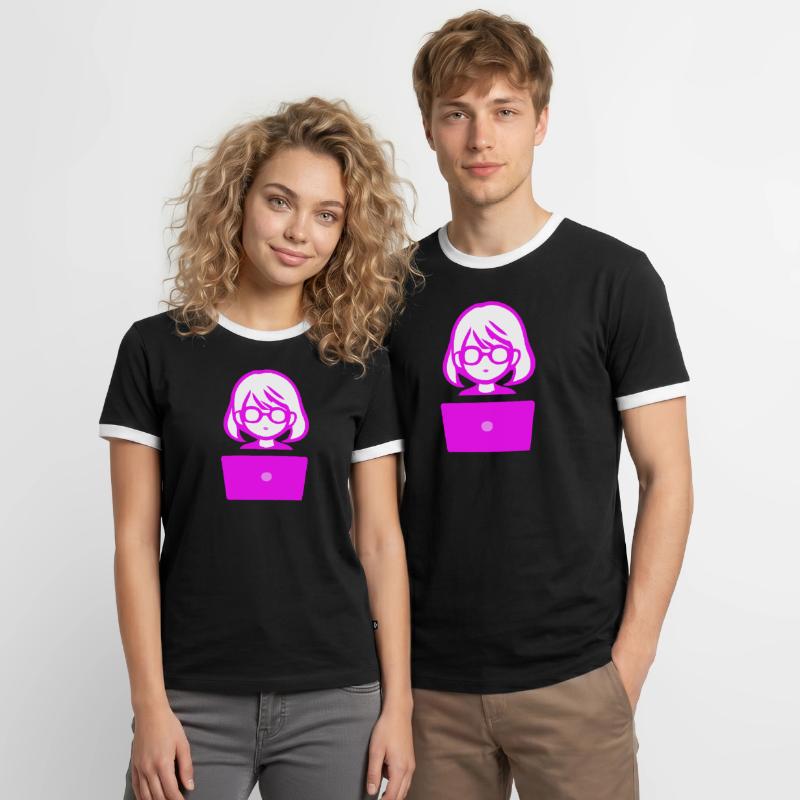 Frau mit Computer Programmierer Coder Männer Kontrast-T-Shirt