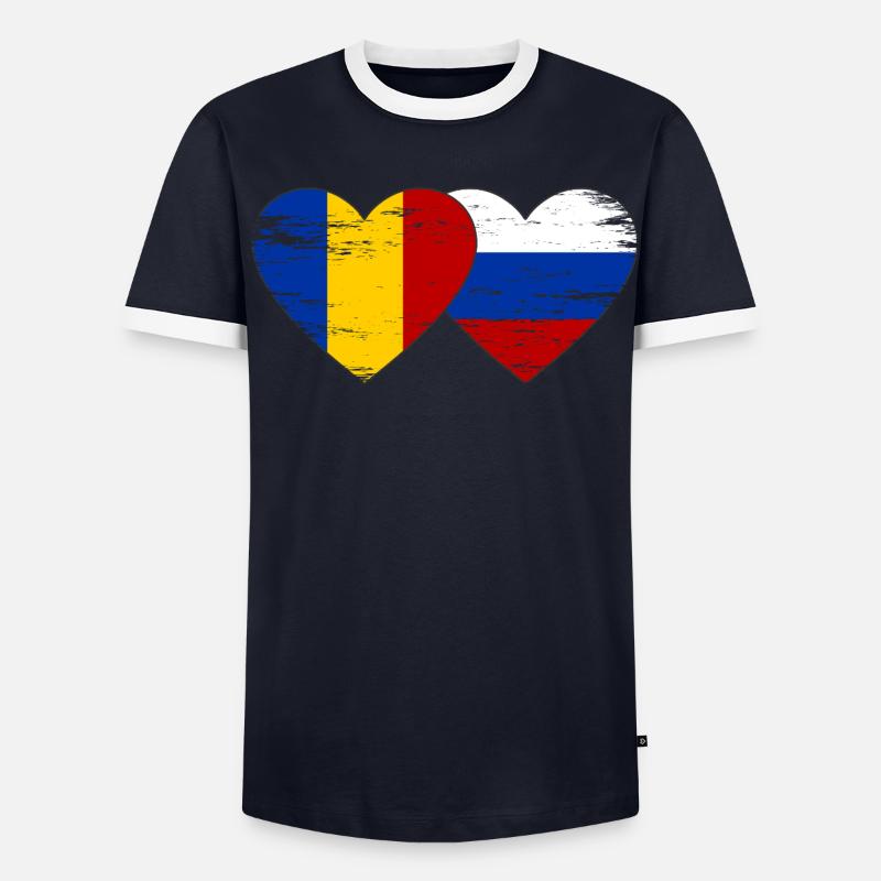 Roumanie Russie Drapeau Coeur Utilisé T-shirt contrasté Homme