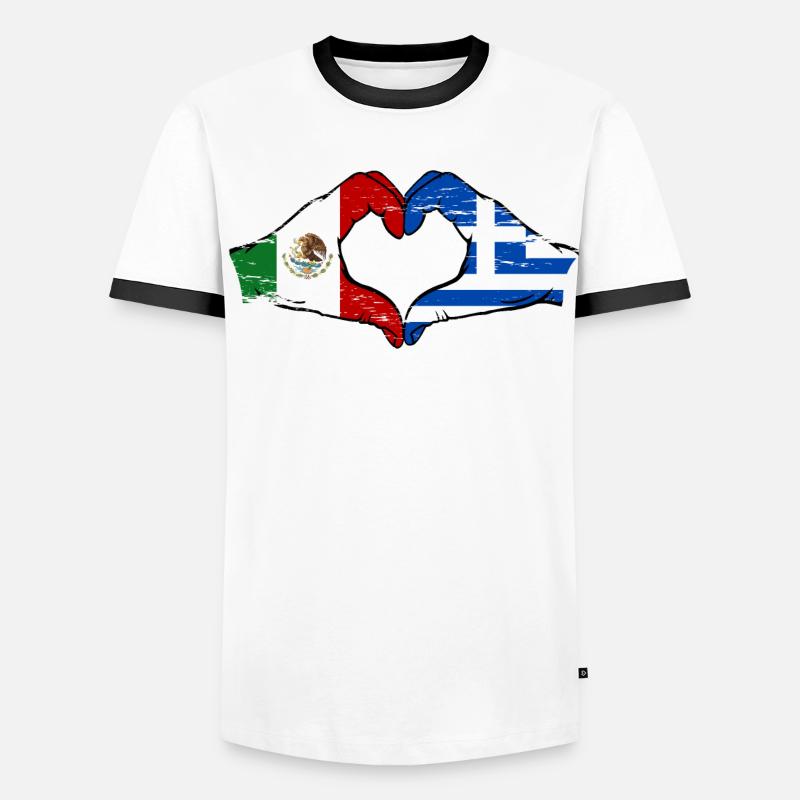 Mexique Grèce Drapeau Mains Coeur Forme Utilisé T-shirt contrasté Homme