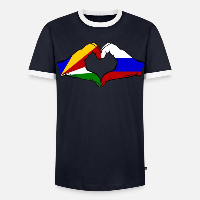 Seychelles Russie Drapeau Mains Coeur Forme T-shirt contrasté Homme