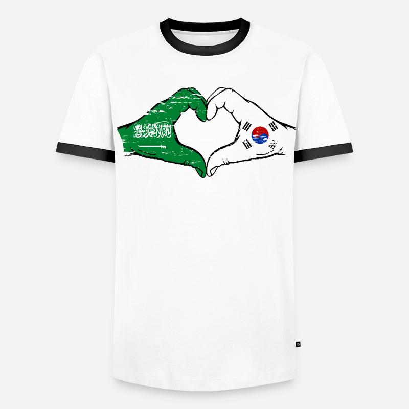 Arabie Saoudite Corée du Sud Drapeau Mains Coeur Forme Utilisé T-shirt contrasté Homme