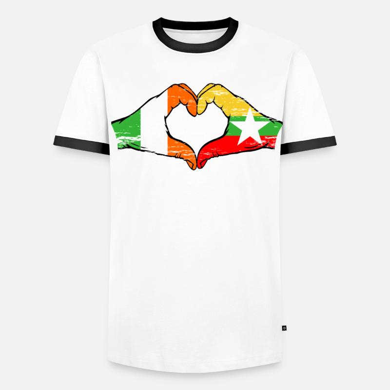 Irlande Myanmar drapeau mains forme de coeur utilisé T-shirt contrasté Homme