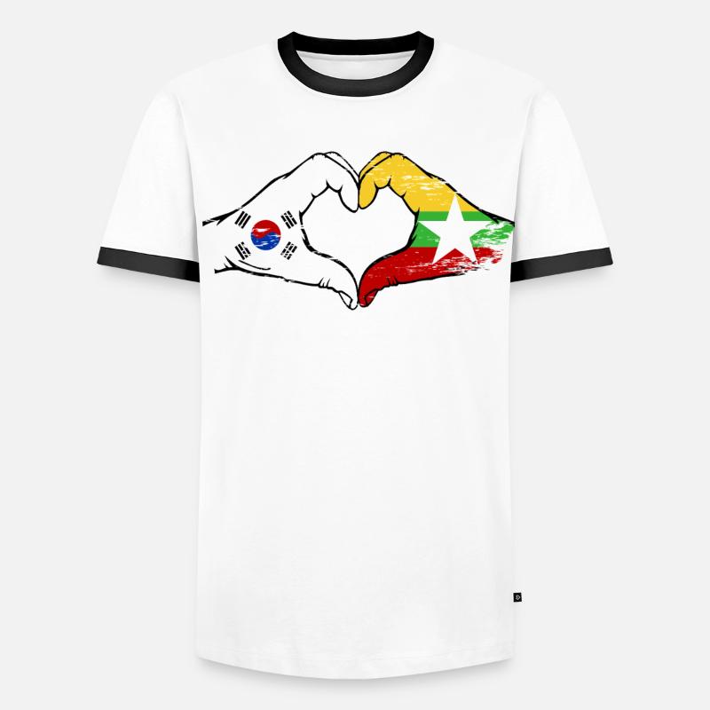 Corée du Sud Myanmar drapeau mains forme de coeur utilisé T-shirt contrasté Homme