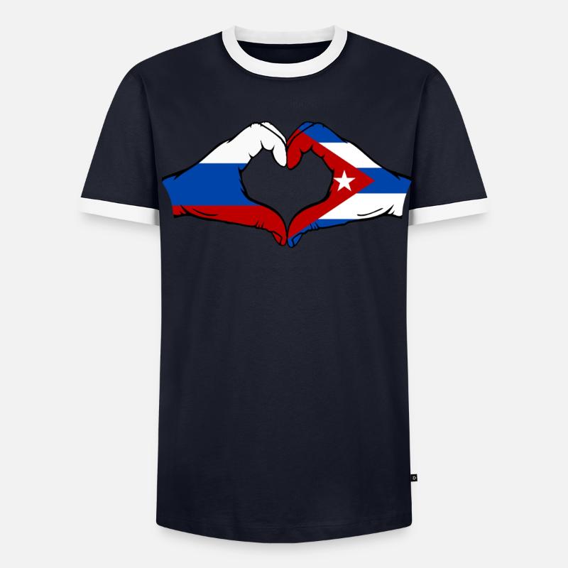 Russie Cuba Drapeau Mains Coeur Forme T-shirt contrasté Homme